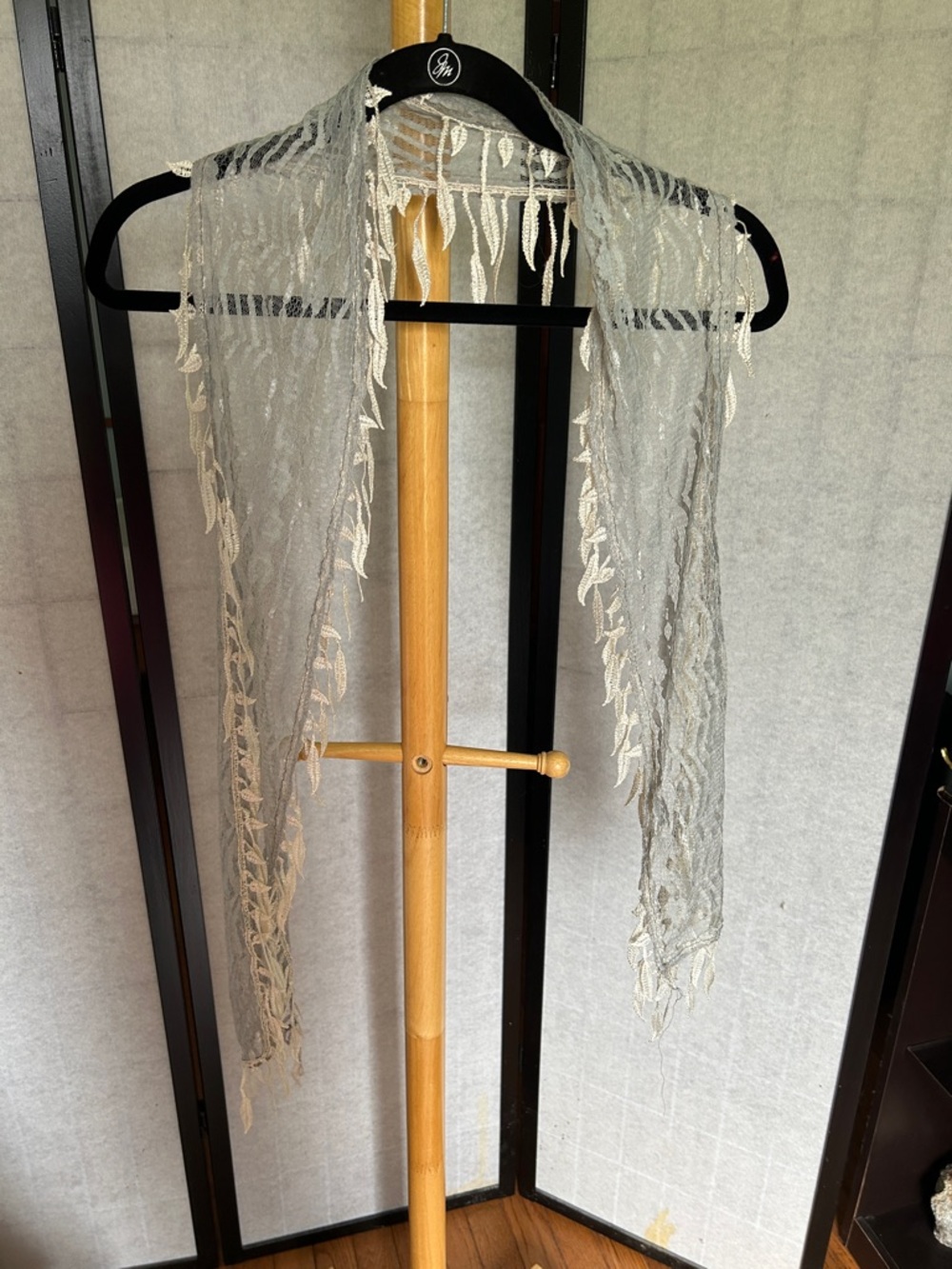 Lace Fringe Sheer Scarf - Cream and silver